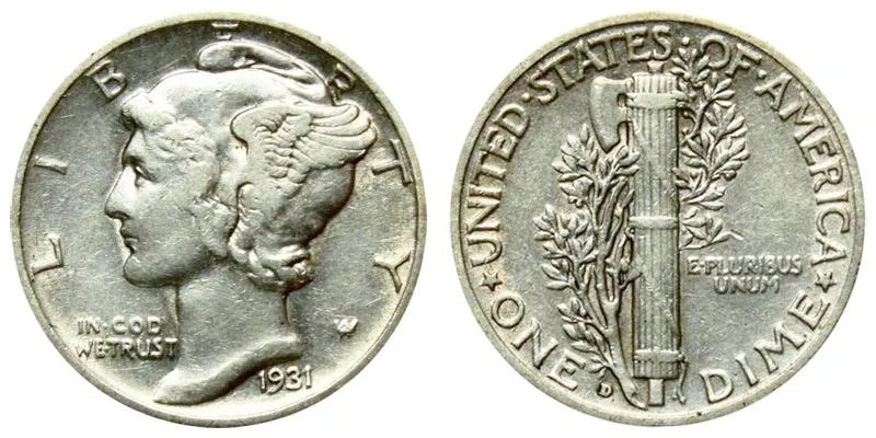 1931 Mercury dime obverse and reverse showing Liberty winged cap and fasces design