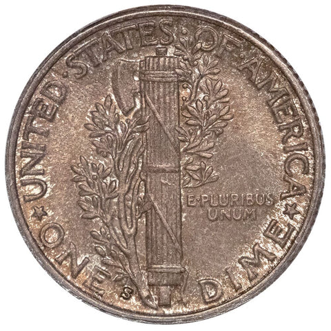1931-S Mercury dime reverse fasces close-up showing Full Bands separation between central horizontal bands