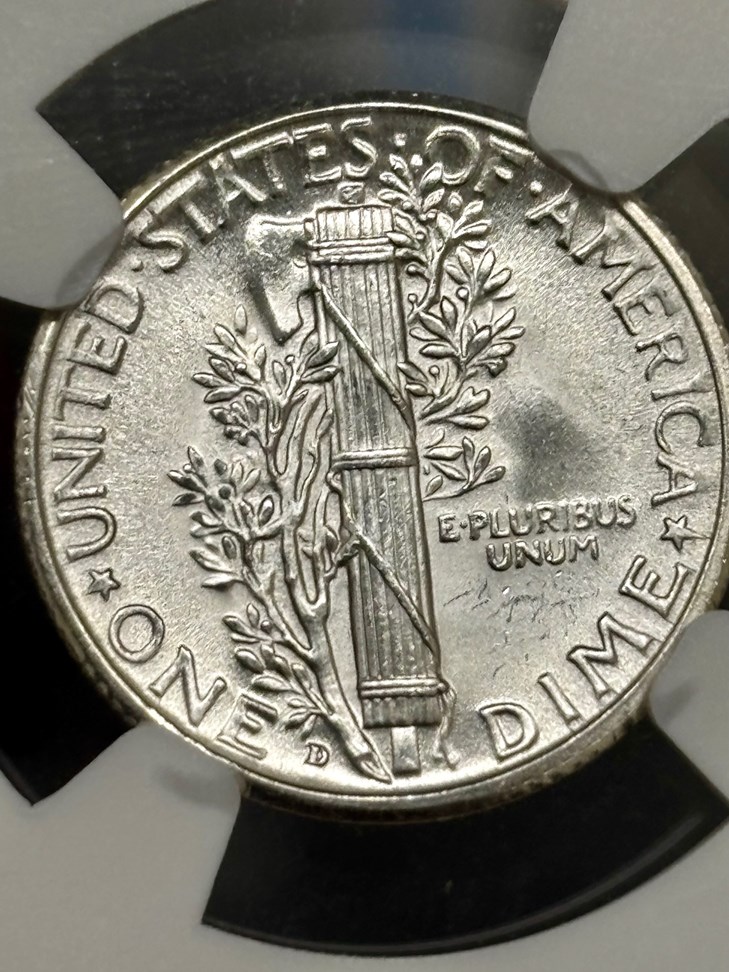 1931-D Mercury dime showing D mint mark on reverse and Liberty winged cap obverse in circulated condition