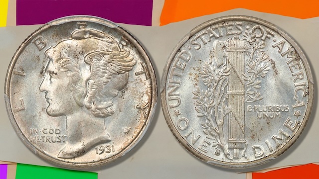 Group of 1931 Mercury dimes showing Philadelphia, Denver, and San Francisco mint mark examples side by side